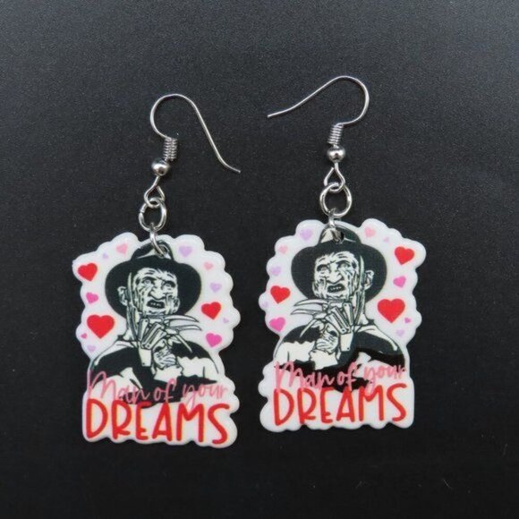 Freddy Krueger Man of Your Dreams Heart Love Valentine Horror Movie Earrings - Picture 4 of 5